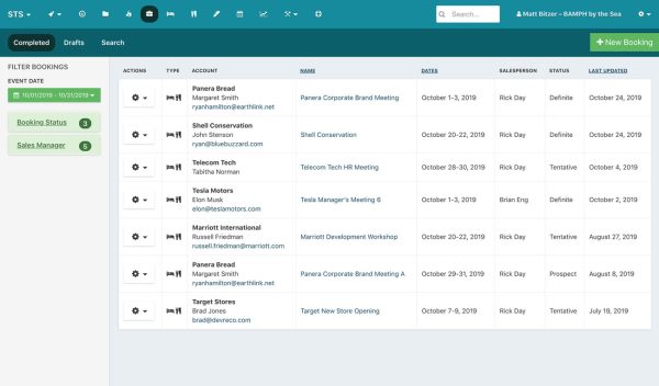 STS Cloud bookings screen