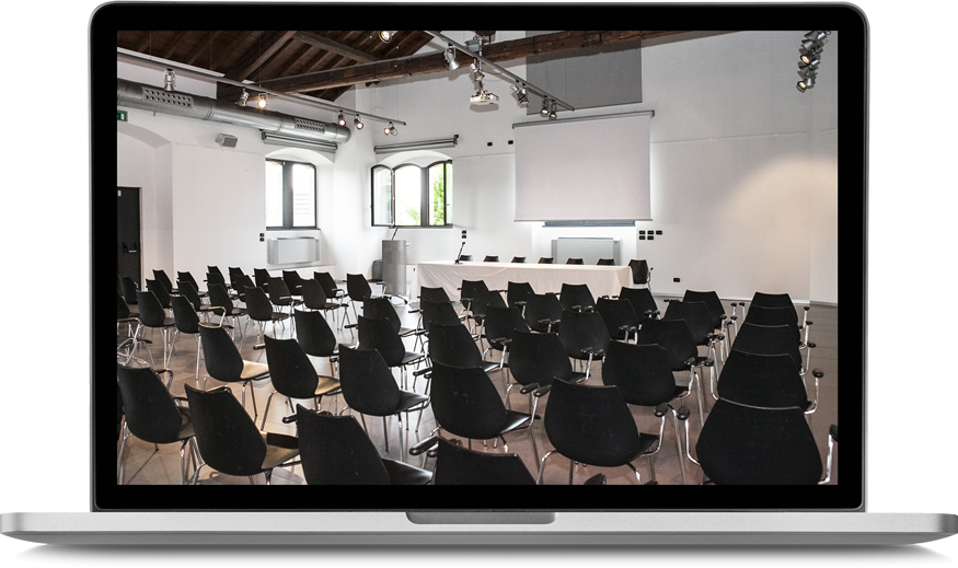 laptop-conference-panel conference room set up in a classroom configuration